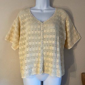 Hand Crochet Pearl Button Short Sleeve Sweater Cardigan Women’s Medium Vintage